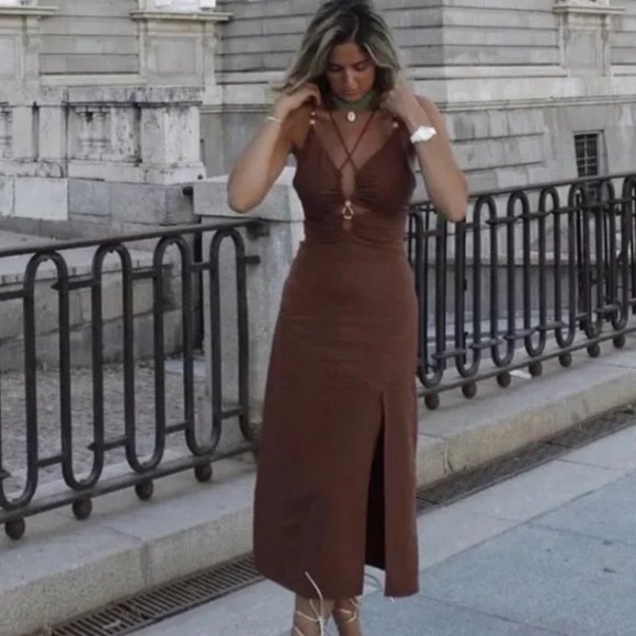 Zara Dresses Zara Toffee Mink Brown Linen Slip Strappy Rustic Wood